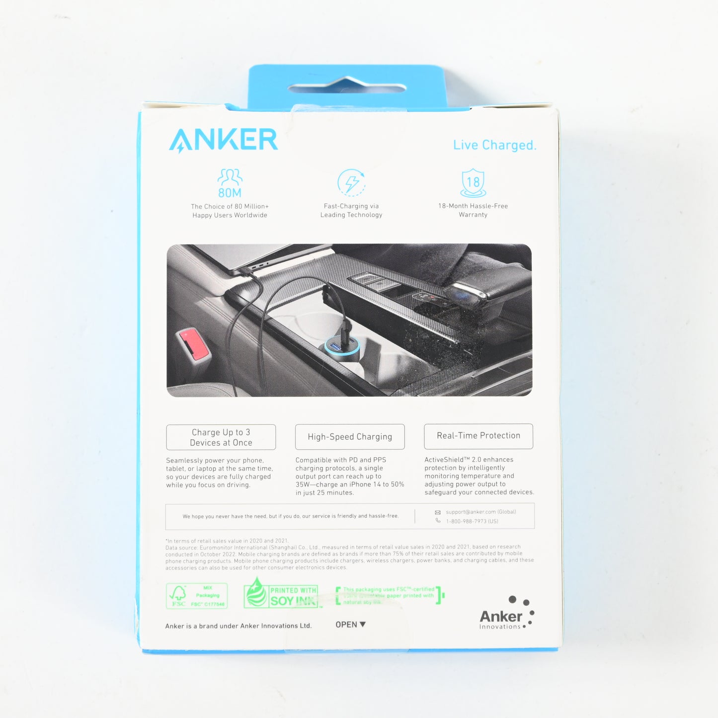 Anker 3-Port 67W Car Charger with 3' USB-C to USB-C Cable - Black