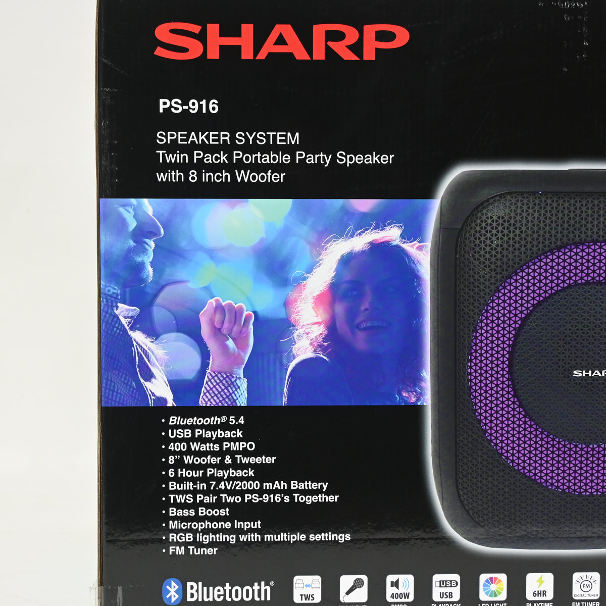 Sharp 8" Bluetooth Party Speaker 2- Pack, 400W Peak Power, 8" Woofer