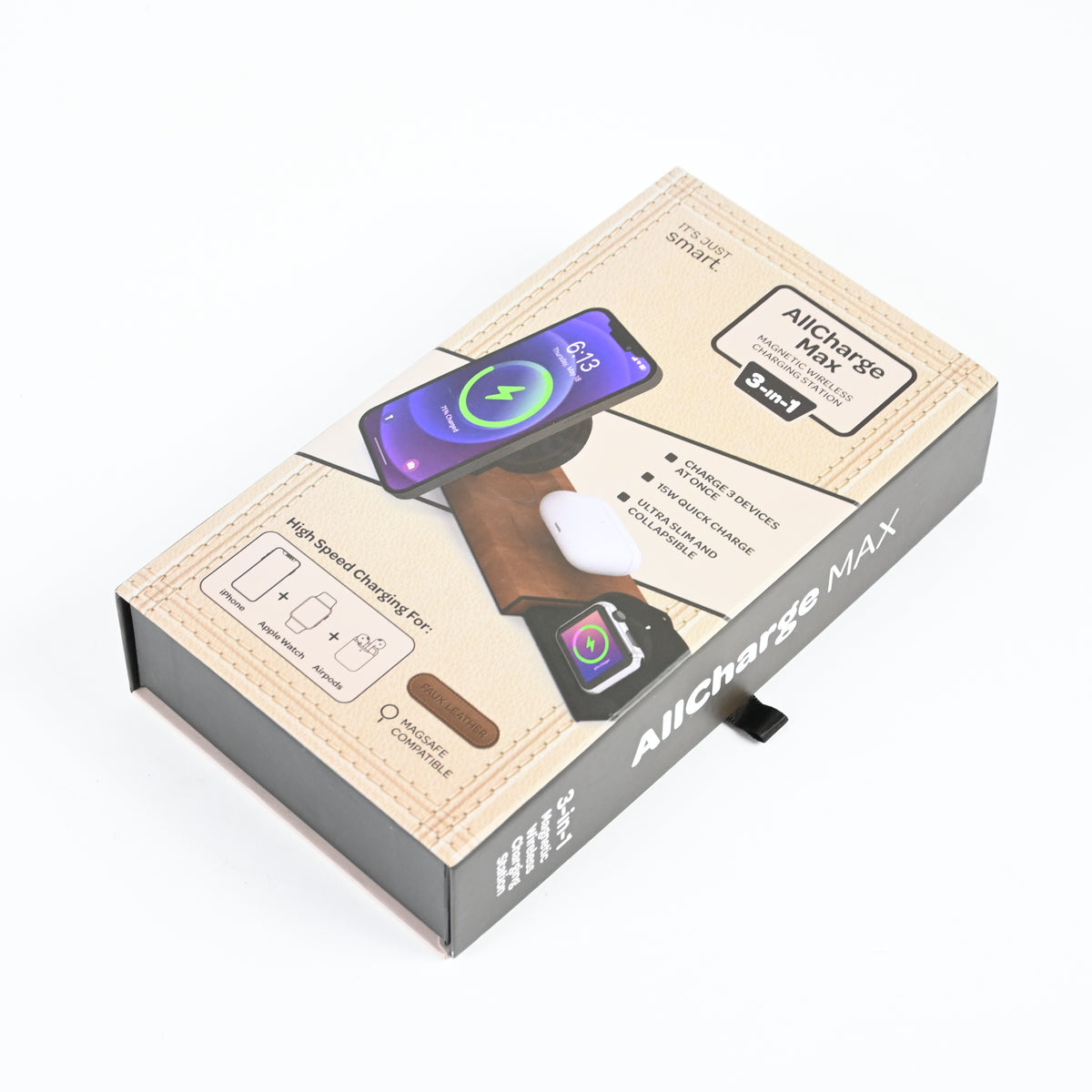 AllCharge MAX Brown Leather 3-in-1 Magnetic Wireless Charging Station