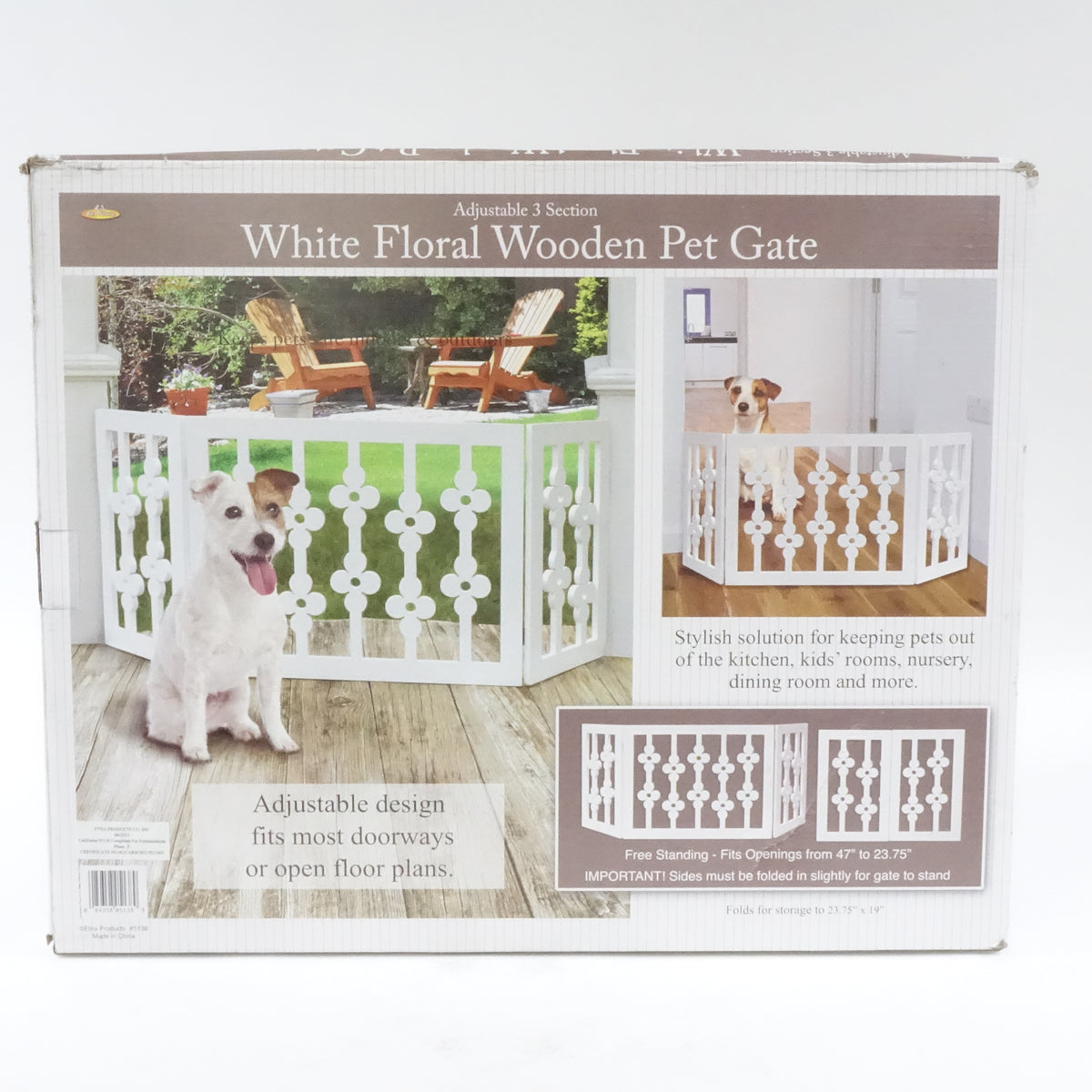White Floral Wooden Pet Gate Freestanding Foldable Adjustable 3-Section Dog Gate