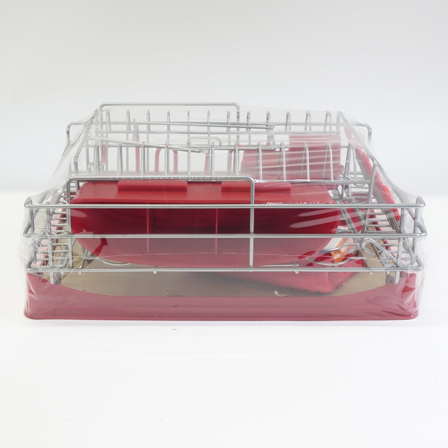 Qienrrae Large 2 Tier Dish Drying Rack with Drainboard Set and Dryer Mat, Red