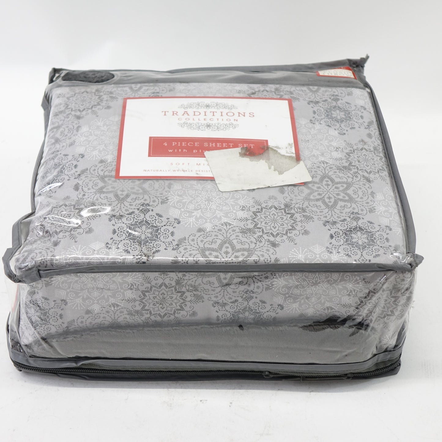 Holiday Microfiber 5 Pc Full Sheet Set with Bonus Throw Bedding Light Grey Snow Flurries