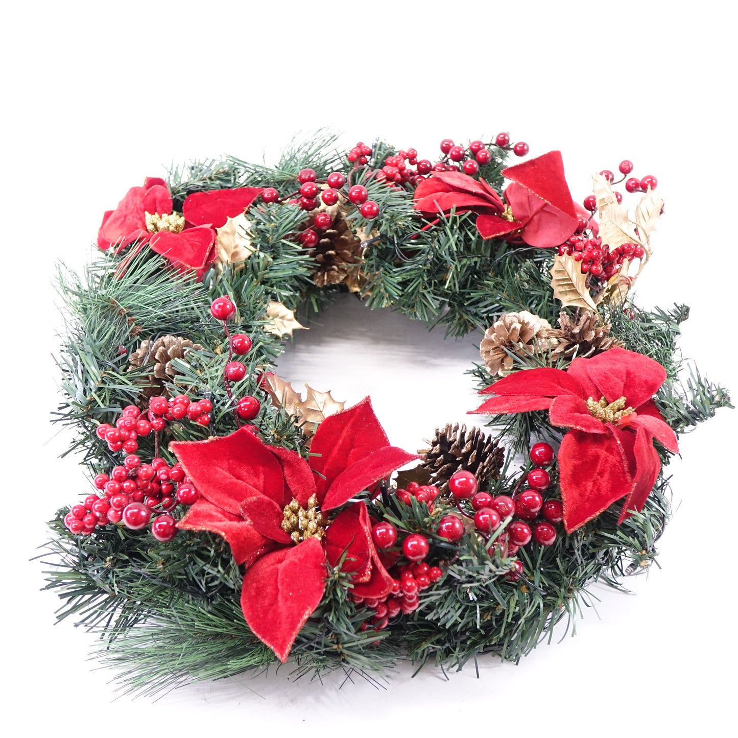 24 IN Christmas-Wreath, 50 LED Lights,Poinsettia Flowers, Indoor/Outdoor