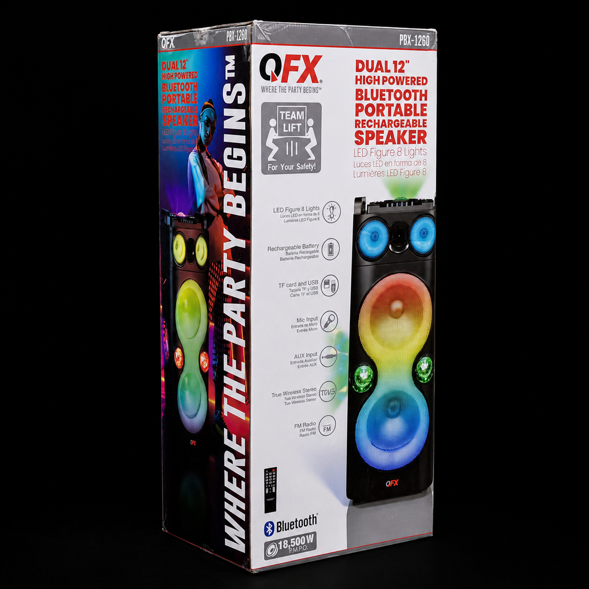 QFX PBX-1260 Dual 12" Speaker with Rechargeable Battery and LED Lights