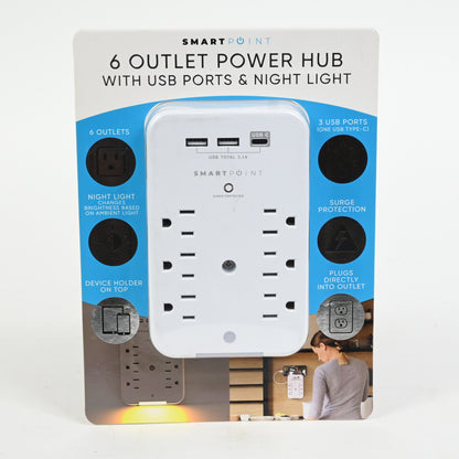Smartpoint 6-Outlet Power Strip with 3 USB Ports - White