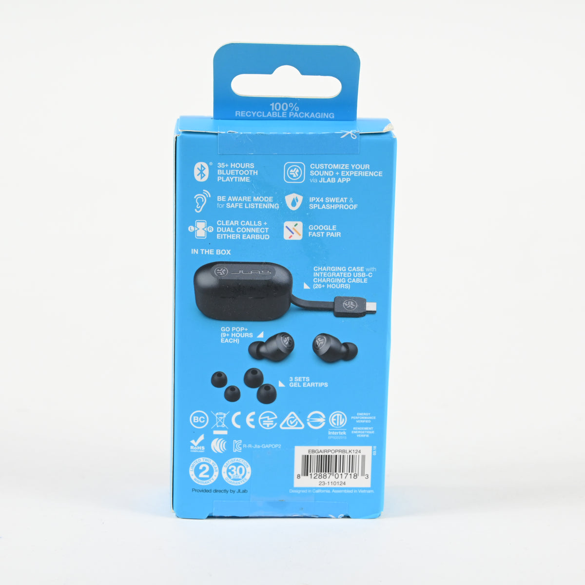 JLab Go Pop+ True Wireless Bluetooth Earbuds + Charging Case - Black
