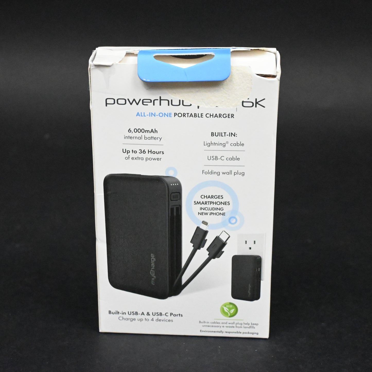 myCharge PowerHub Plus 6000mAh/15W Output Power Bank with Integrated Charging Ca