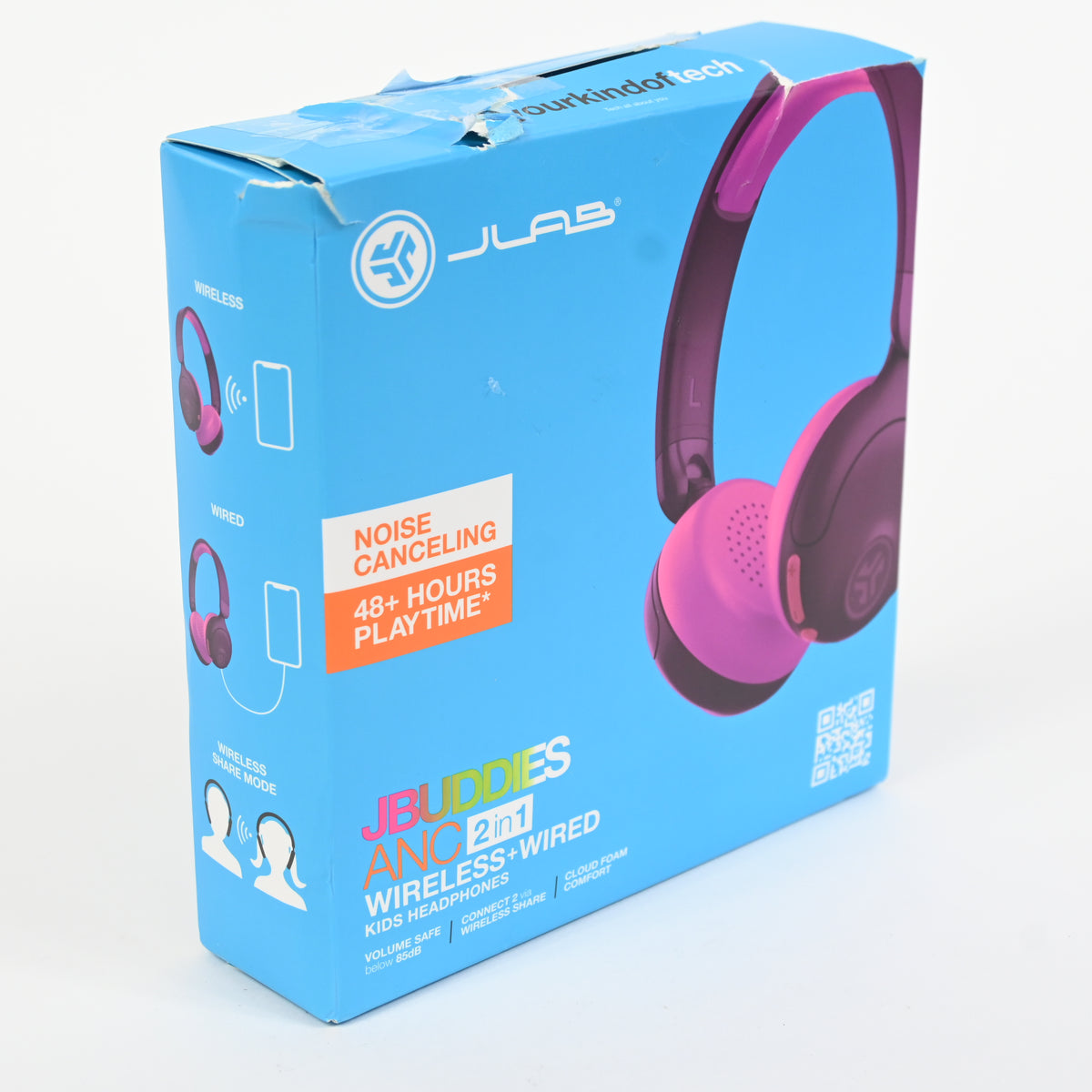 JLab JBuddies ANC 2 in 1 Wireless + Wired Kids Headphones Purple/Pink - Grade A