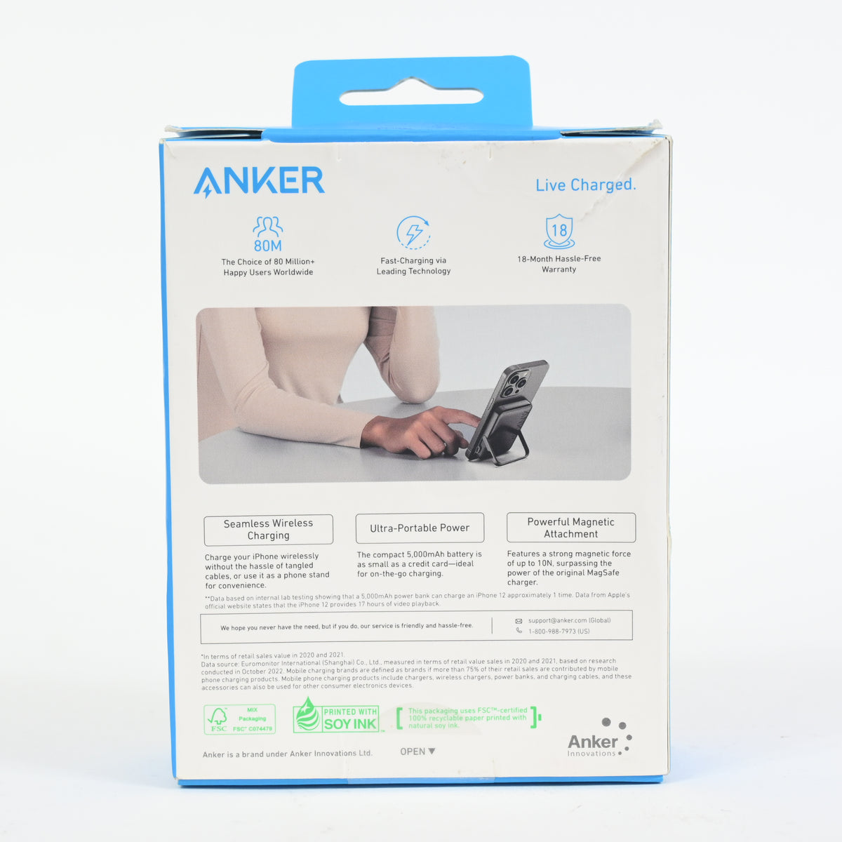 Anker Magnetic Battery, 5,000 mAh Wireless Portable Charger - Black - Grade A
