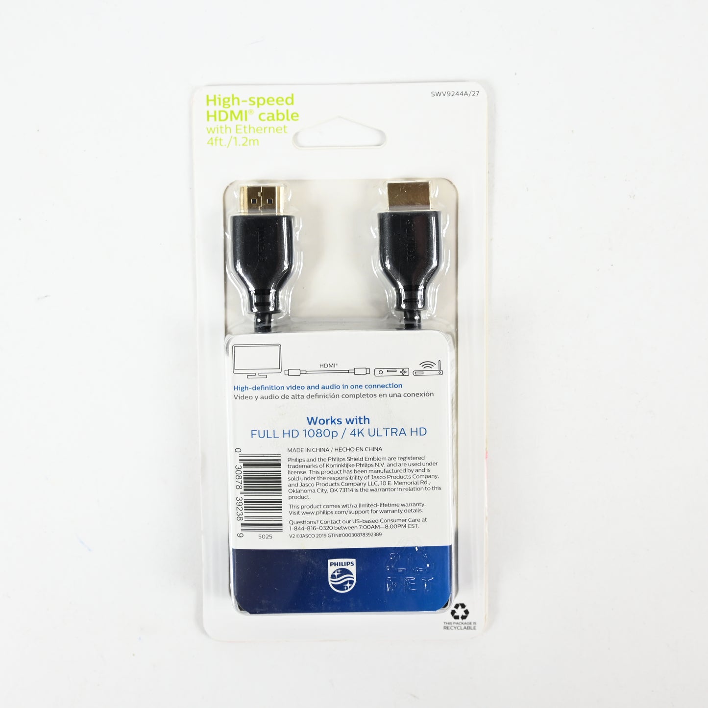 Philips High Speed HDMI Cable w/ Ethernet - 4 ft - Black - New