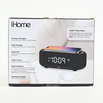 iHome Bluetooth Alarm Clock with Wireless Charger + USB Charging Station Grade A
