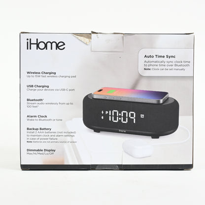 iHome Bluetooth Alarm Clock with Wireless Charger + USB Charging Station Grade A