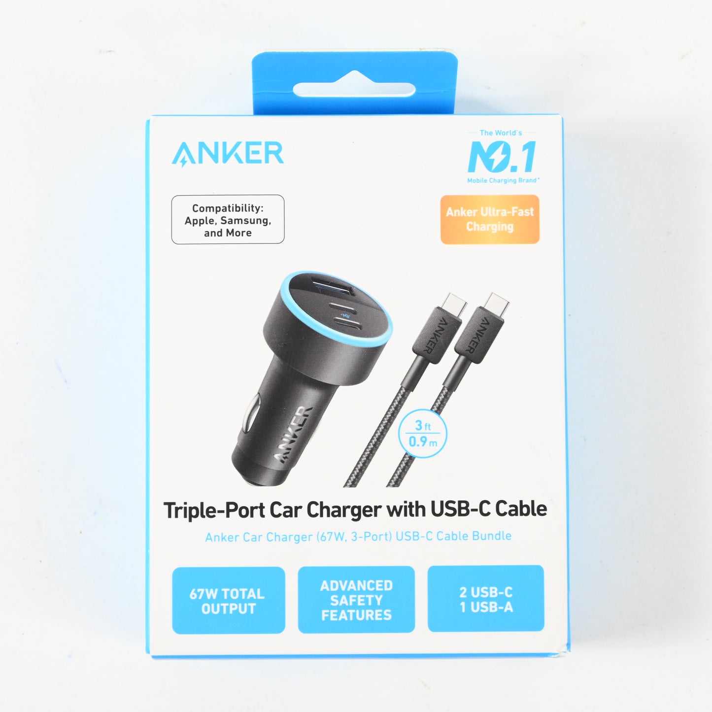 Anker 3-Port 67W Car Charger with 3' USB-C to USB-C Cable - Black