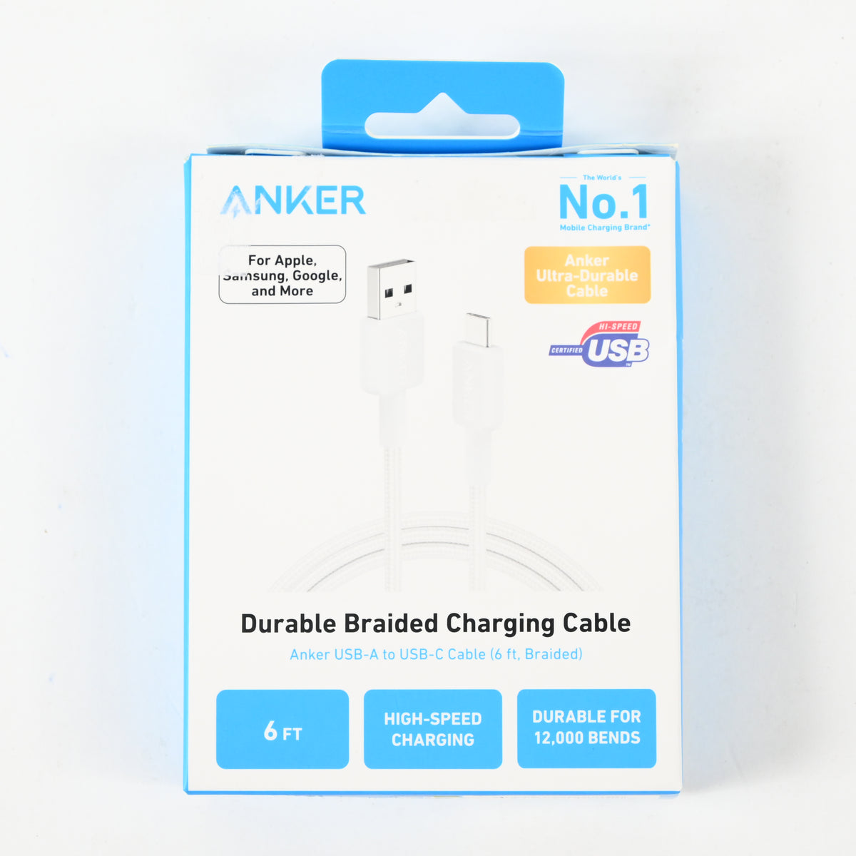 Anker Durable USBA - USBC Braided Charging Cable - 6 ft - White