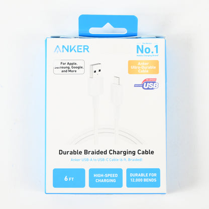 Anker Durable USBA - USBC Braided Charging Cable - 6 ft - White