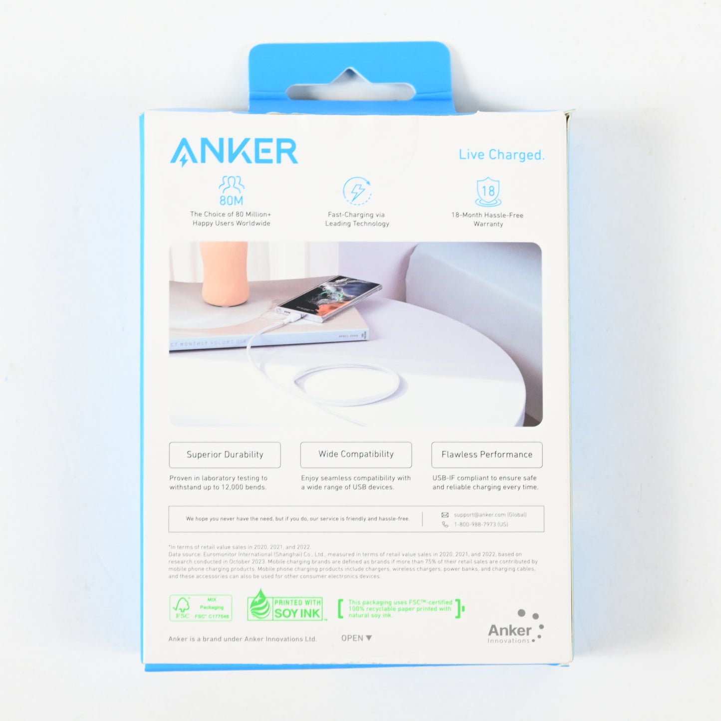 Anker Durable USBA - USBC Braided Charging Cable - 6 ft - White