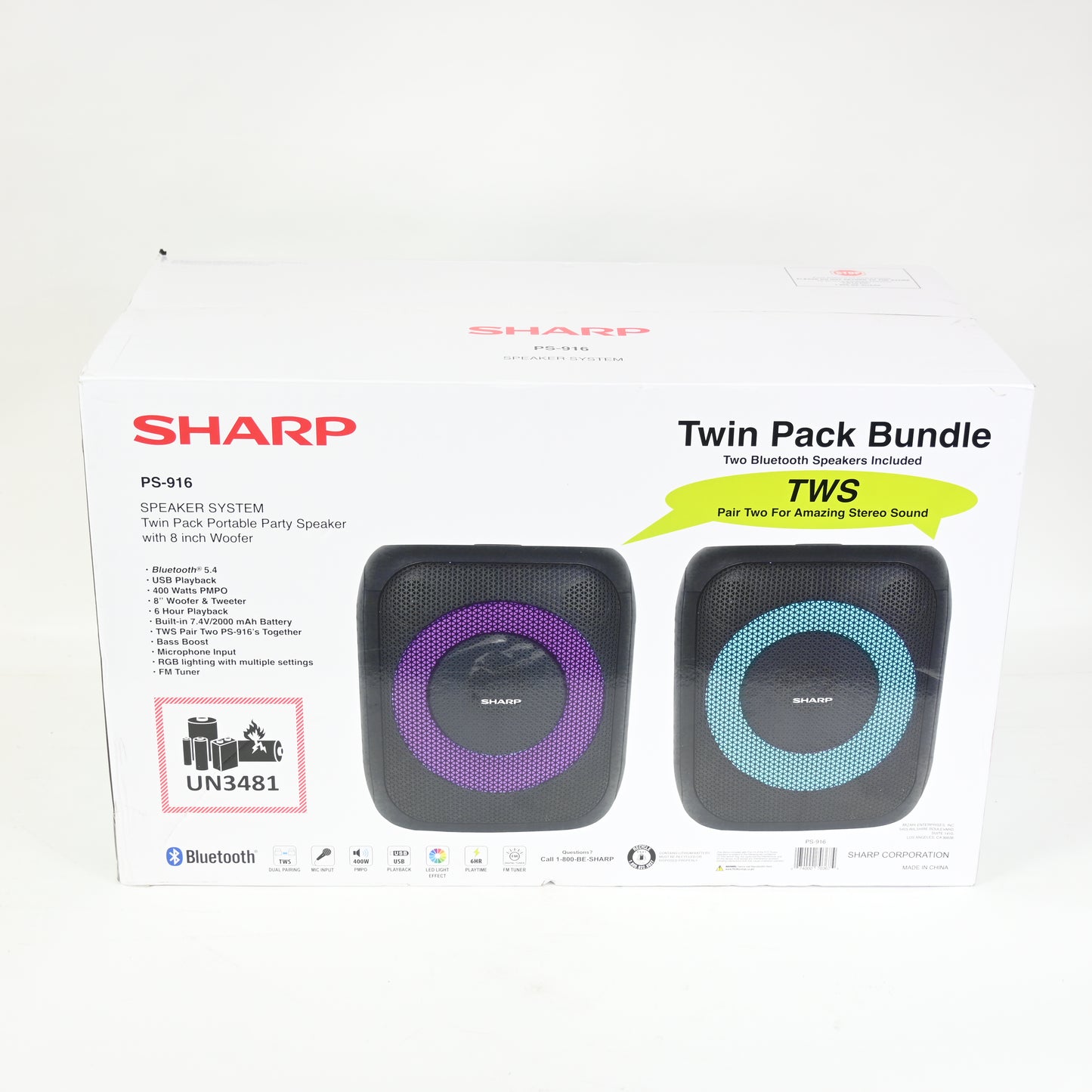 Sharp 8" Bluetooth Party Speaker 2- Pack, 400W Peak Power, 8" Woofer