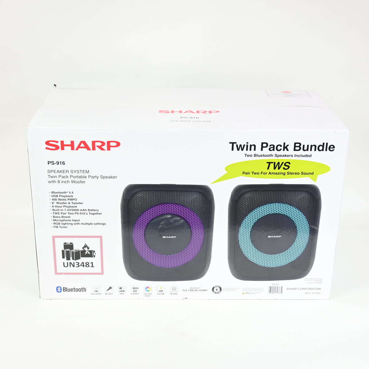 Sharp 8" Bluetooth Party Speaker 2- Pack, 400W Peak Power, 8" Woofer