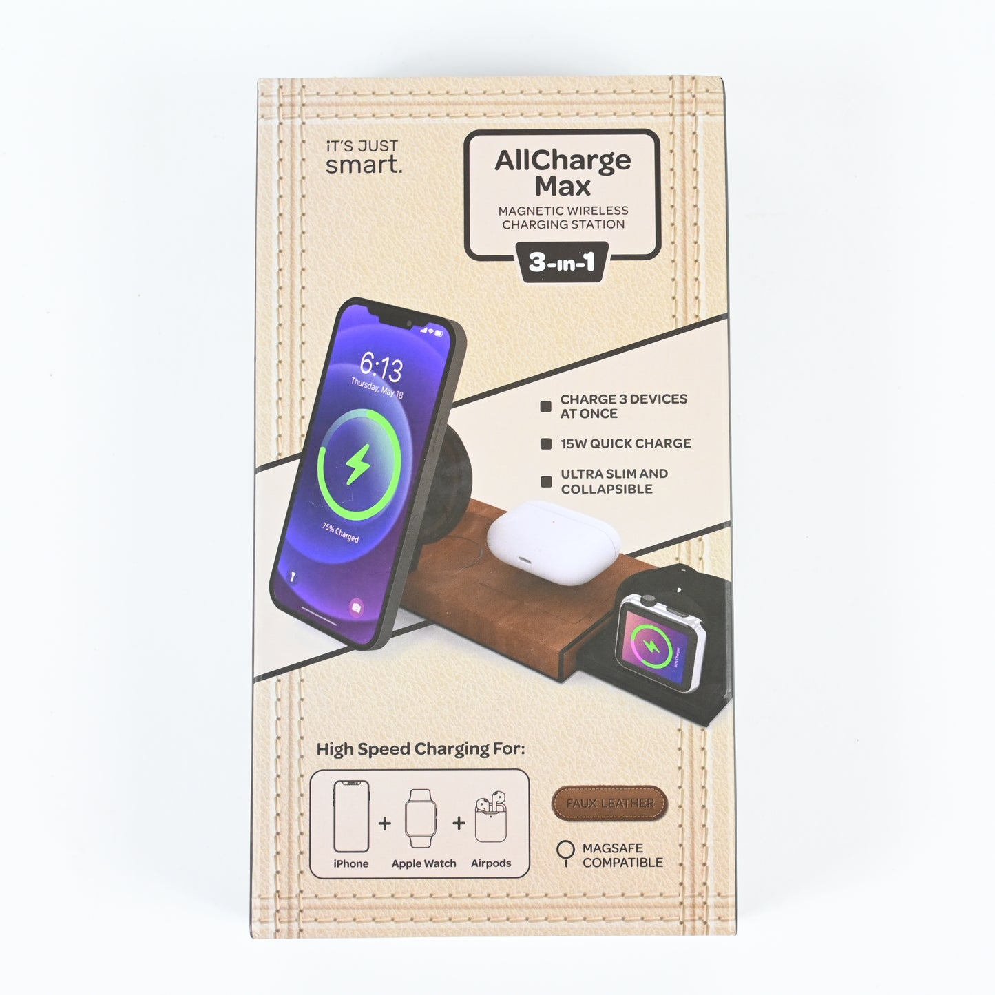 AllCharge MAX Brown Leather 3-in-1 Magnetic Wireless Charging Station