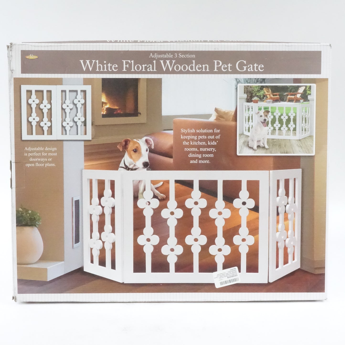 White Floral Wooden Pet Gate Freestanding Foldable Adjustable 3-Section Dog Gate