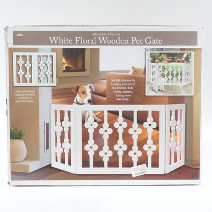 White Floral Wooden Pet Gate Freestanding Foldable Adjustable 3-Section Dog Gate