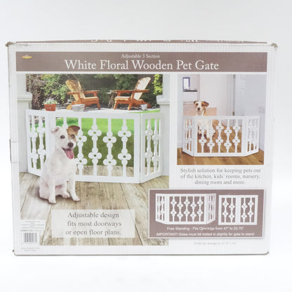 White Floral Wooden Pet Gate Freestanding Foldable Adjustable 3-Section Dog Gate