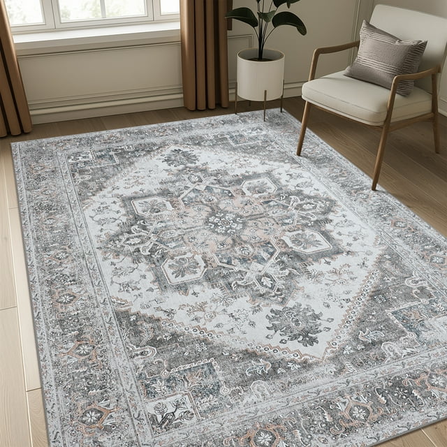 Area Rugs 8x10 Machine Washable Vintage Distressed Print Gray Floral Medallion