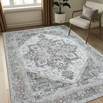 Area Rugs 8x10 Machine Washable Vintage Distressed Print Gray Floral Medallion