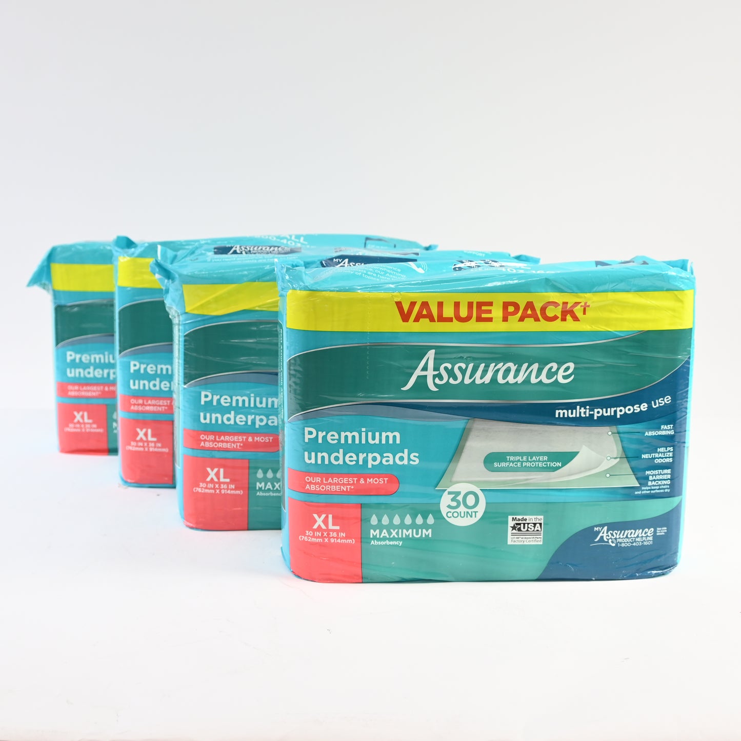 Assurance Premium Quilted Underpad, Value Pack, XL 30 Count (4 Pack)