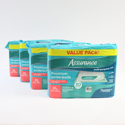 Assurance Premium Quilted Underpad, Value Pack, XL 30 Count (4 Pack)