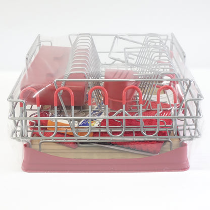 Qienrrae Large 2 Tier Dish Drying Rack with Drainboard Set and Dryer Mat, Red