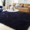 Dark Navy Fluffy Living Room Rugs, Furry Area Rug 5x8
