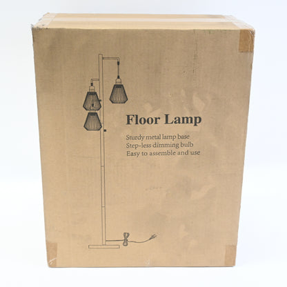 Industrial Standing Lamp with 3-Lights Boho Rattan Shades, 68"-Black
