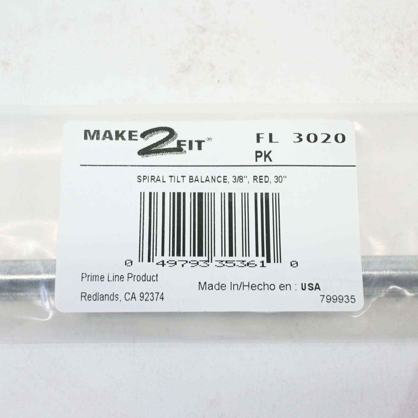 Prime-Line FL 3020 Spiral Tilt 3/8 In. x 30 In., Tilt Red Single Pack - New