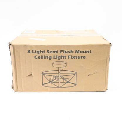 3-Light Semi Flush Mount Ceiling Light, Modern Farmhouse with Metal Cage-Black