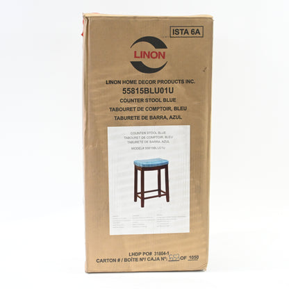 Linon Claridge Backless Counter Stool Blue Faux Leather Wood Frame in Dark Brown