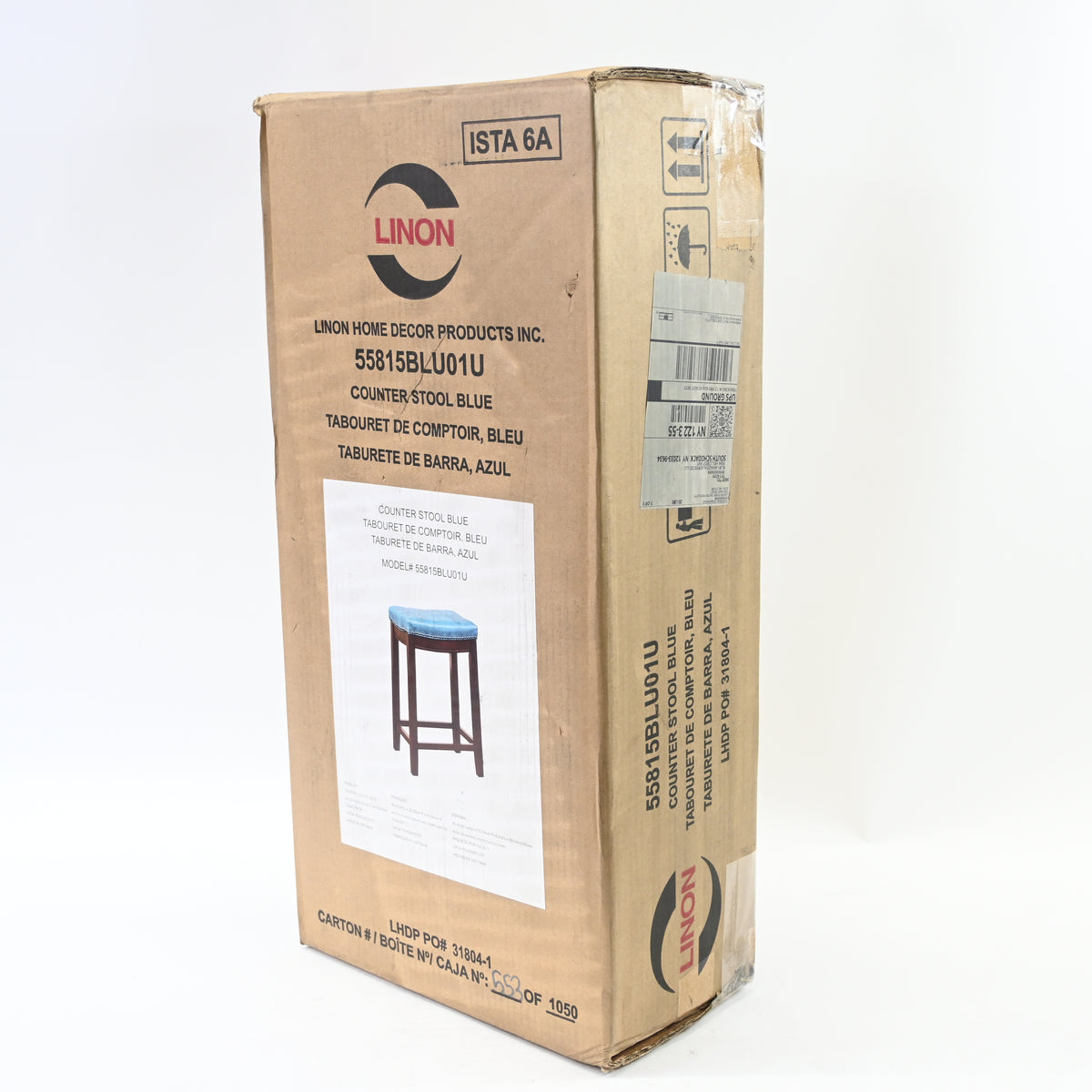 Linon Claridge Backless Counter Stool Blue Faux Leather Wood Frame in Dark Brown