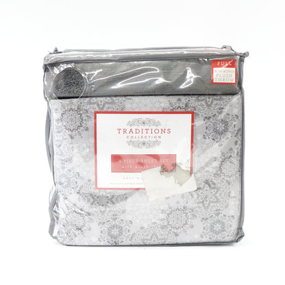 Holiday Microfiber 5 Pc Full Sheet Set with Bonus Throw Bedding Light Grey Snow Flurries