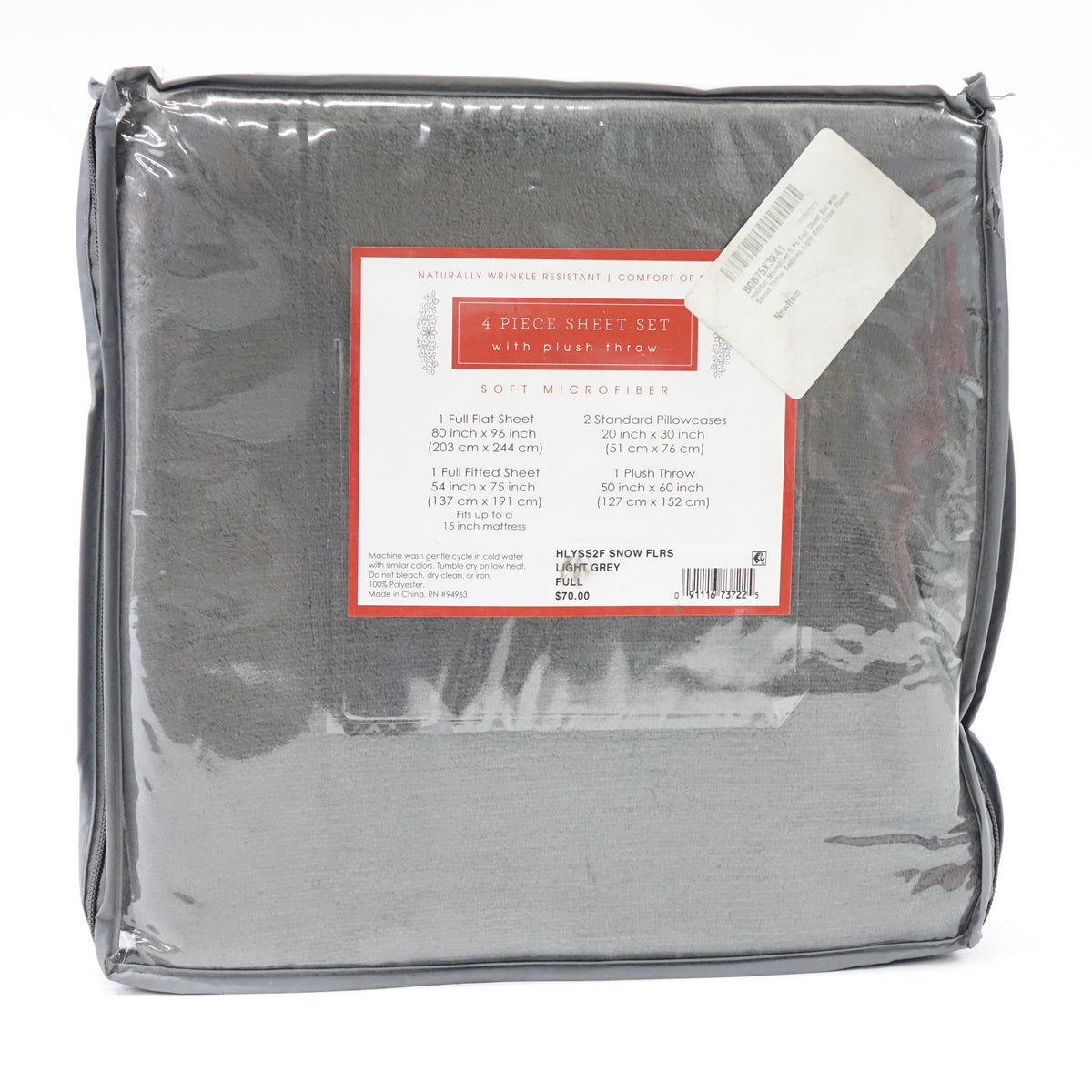 Holiday Microfiber 5 Pc Full Sheet Set with Bonus Throw Bedding Light Grey Snow Flurries