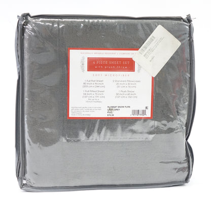 Holiday Microfiber 5 Pc Full Sheet Set with Bonus Throw Bedding Light Grey Snow Flurries