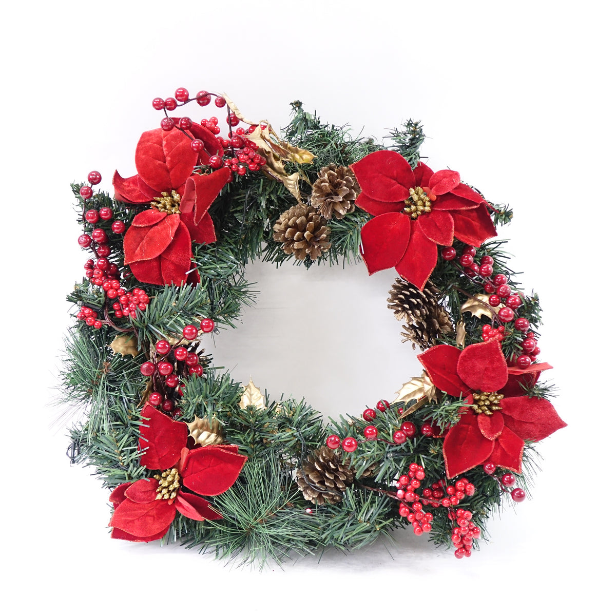24 IN Christmas-Wreath, 50 LED Lights,Poinsettia Flowers, Indoor/Outdoor