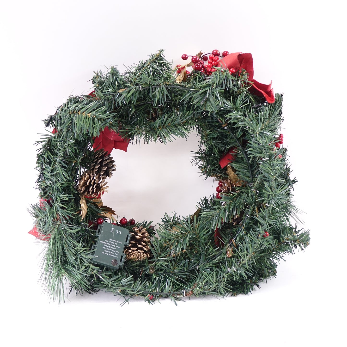 24 IN Christmas-Wreath, 50 LED Lights,Poinsettia Flowers, Indoor/Outdoor