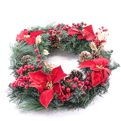 24 IN Christmas-Wreath, 50 LED Lights,Poinsettia Flowers, Indoor/Outdoor