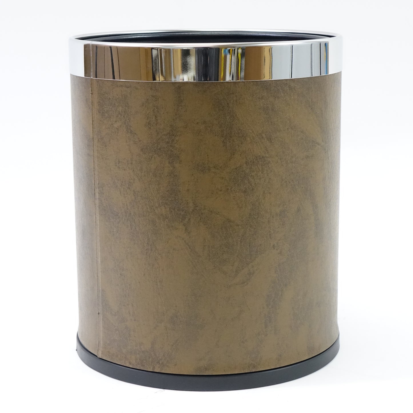 Metal Trash Can, Double Cans Top Open Without Lid- Walnut Leather Silver Ring