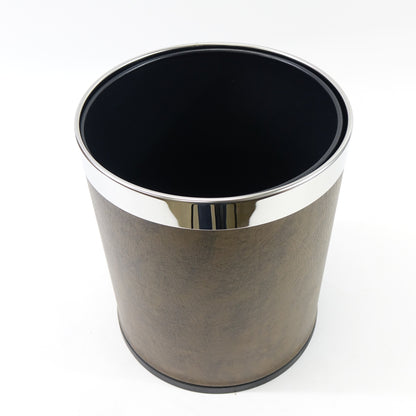 Metal Trash Can, Double Cans Top Open Without Lid- Walnut Leather Silver Ring