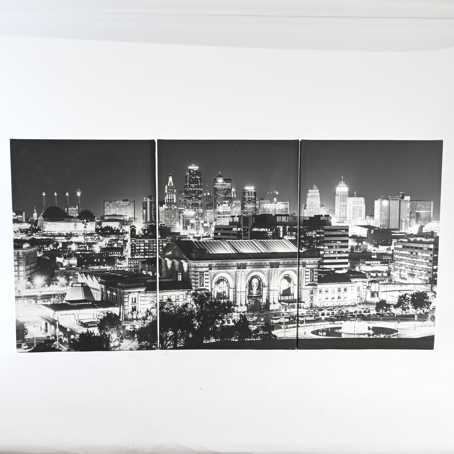 3 Panels 30"x20" Ea Art Canvas Print Kansas Skyline At Night downtown Buildings