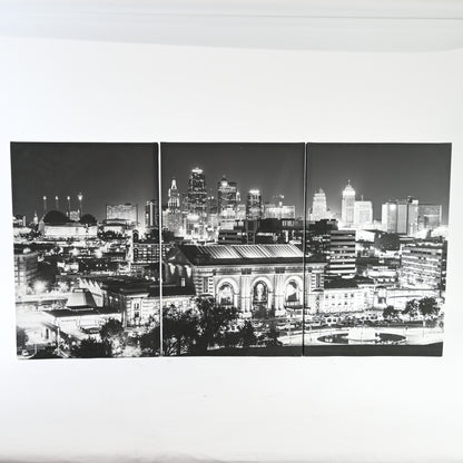 3 Panels 30"x20" Ea Art Canvas Print Kansas Skyline At Night downtown Buildings