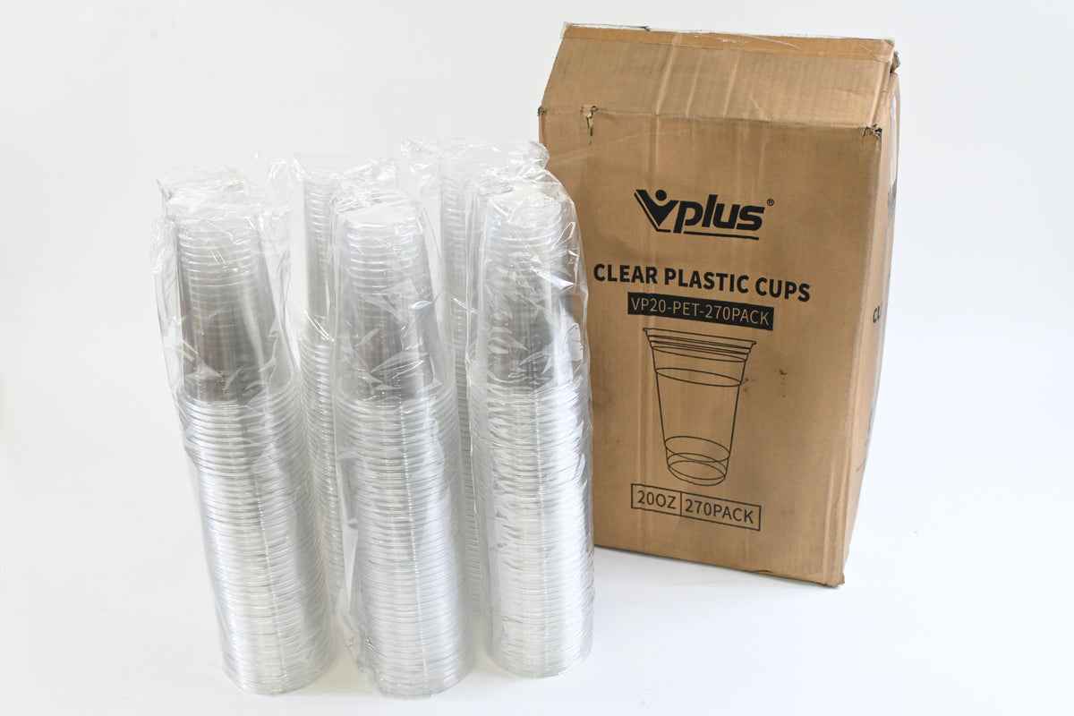 Vplus 270 Pack 20 OZ Clear PET Plastic Cups - Disposable Cold Drinking Cups for Ice Coffee, Smoothie, Juice, and Mixed Beverages (No Lids)
