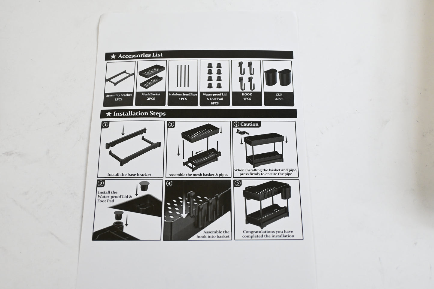 MFTEK 2 Pack 2 Tier Under Sink Organizers and Storage with Drawer, Black, White