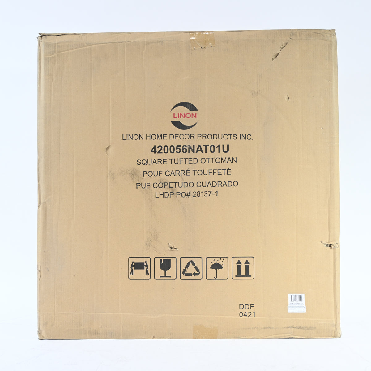 Linon Isabelle Square Upholstered Ottoman Black Legs in Natural Beige Fabric